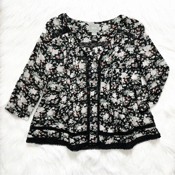 Anthropologie Eyelet Embroidered Pintuck Pleated Black Floral Peasant Top Size 0 - Picture 11 of 13